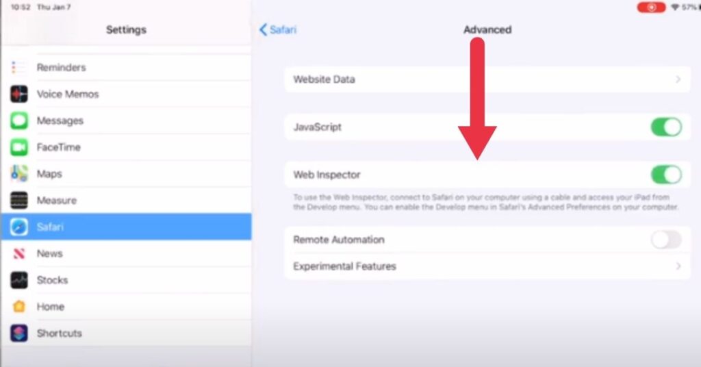 How to enable web inspector on iPhone 